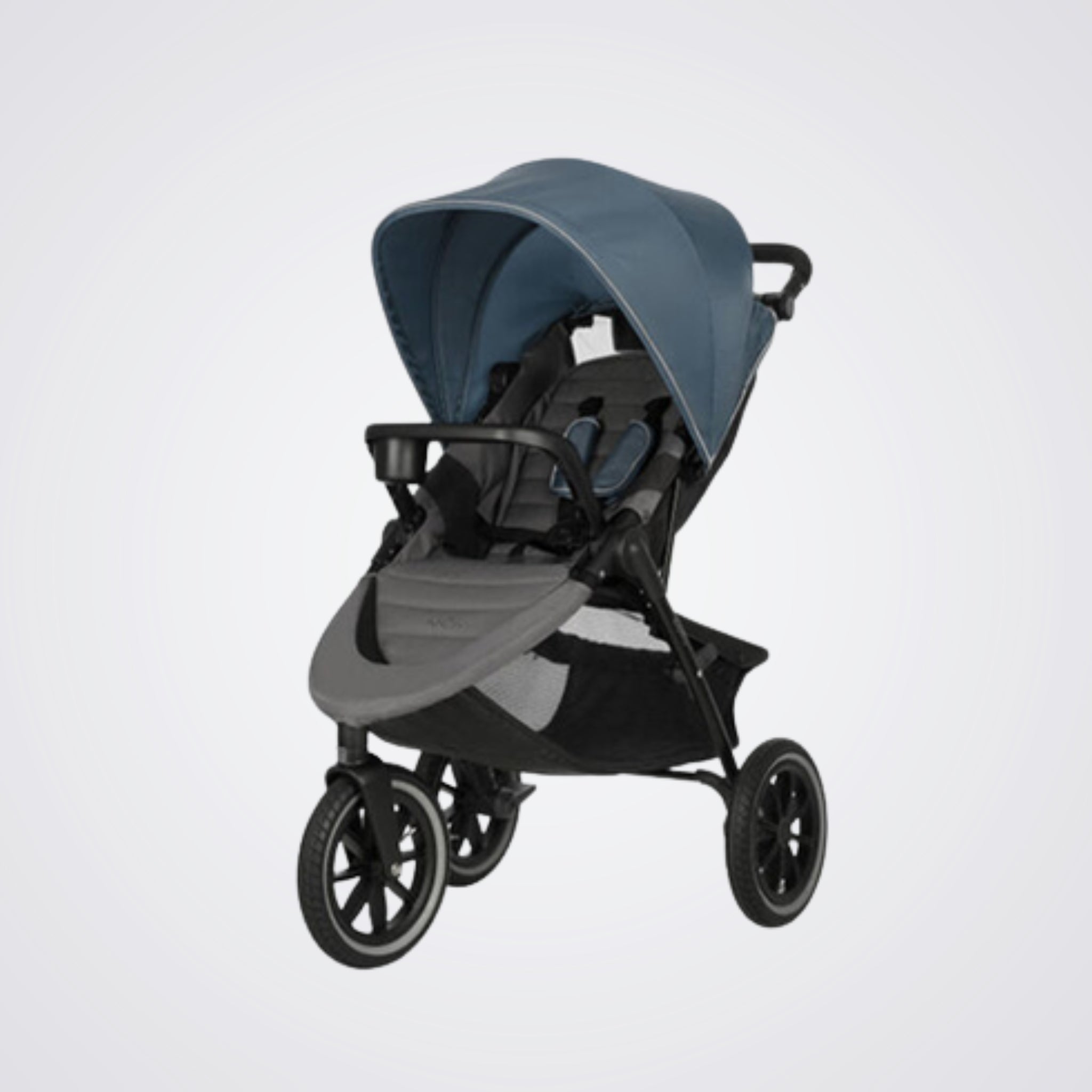 Blue, black and Grey Evenflo stroller on a light grey background