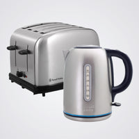 Silver toaster and kettle with black handles on a light grey background
