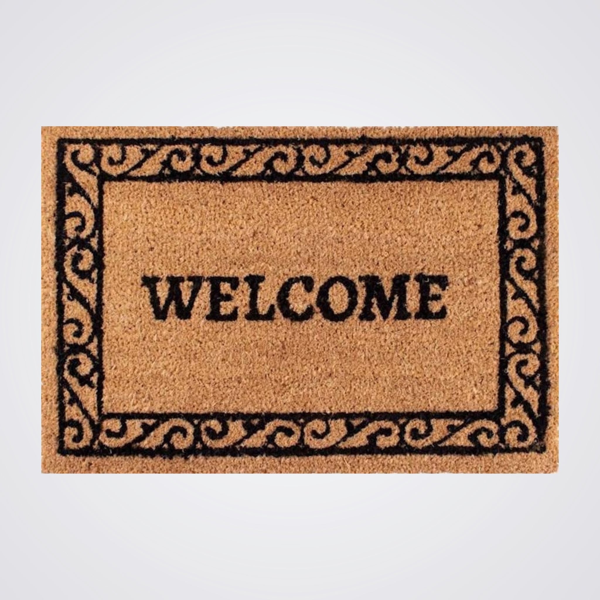 Doormat with 'WELCOME' text on a plain background