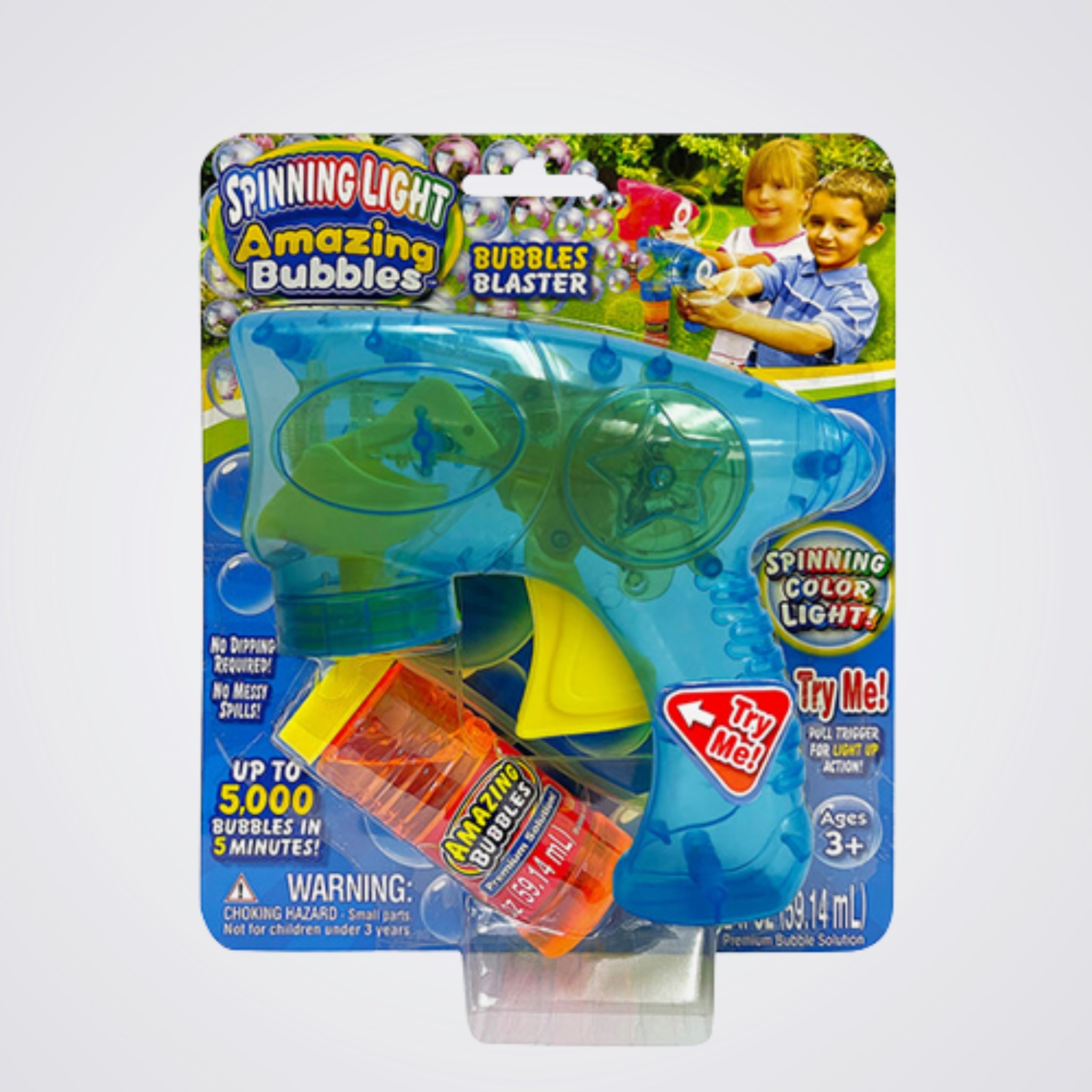 Spinning Light Amazing Bubbles Blaster toy packaging with children playing in the background