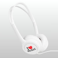 White headphones with 'I ❤️ Music' label on a light gray background