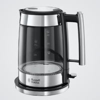 Glass electric kettle with black base and handle on a light gray background, featuring the Russell Hobbs logo.