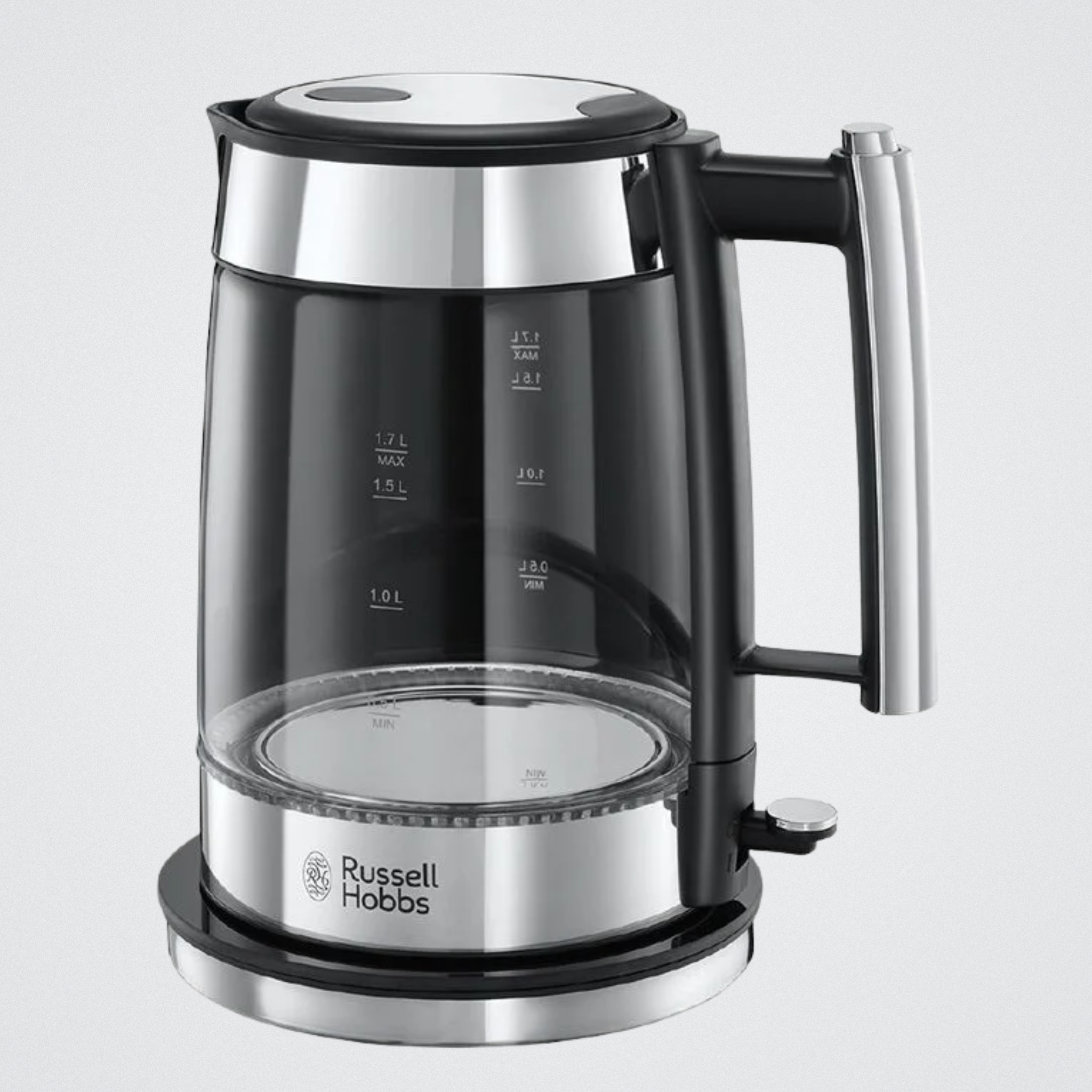 Glass electric kettle with black base and handle on a light gray background, featuring the Russell Hobbs logo.
