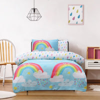 Children's bedroom with rainbow and cloud patterned bedding
