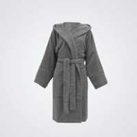 Charcoal Coloured hooded robe on a light gray background