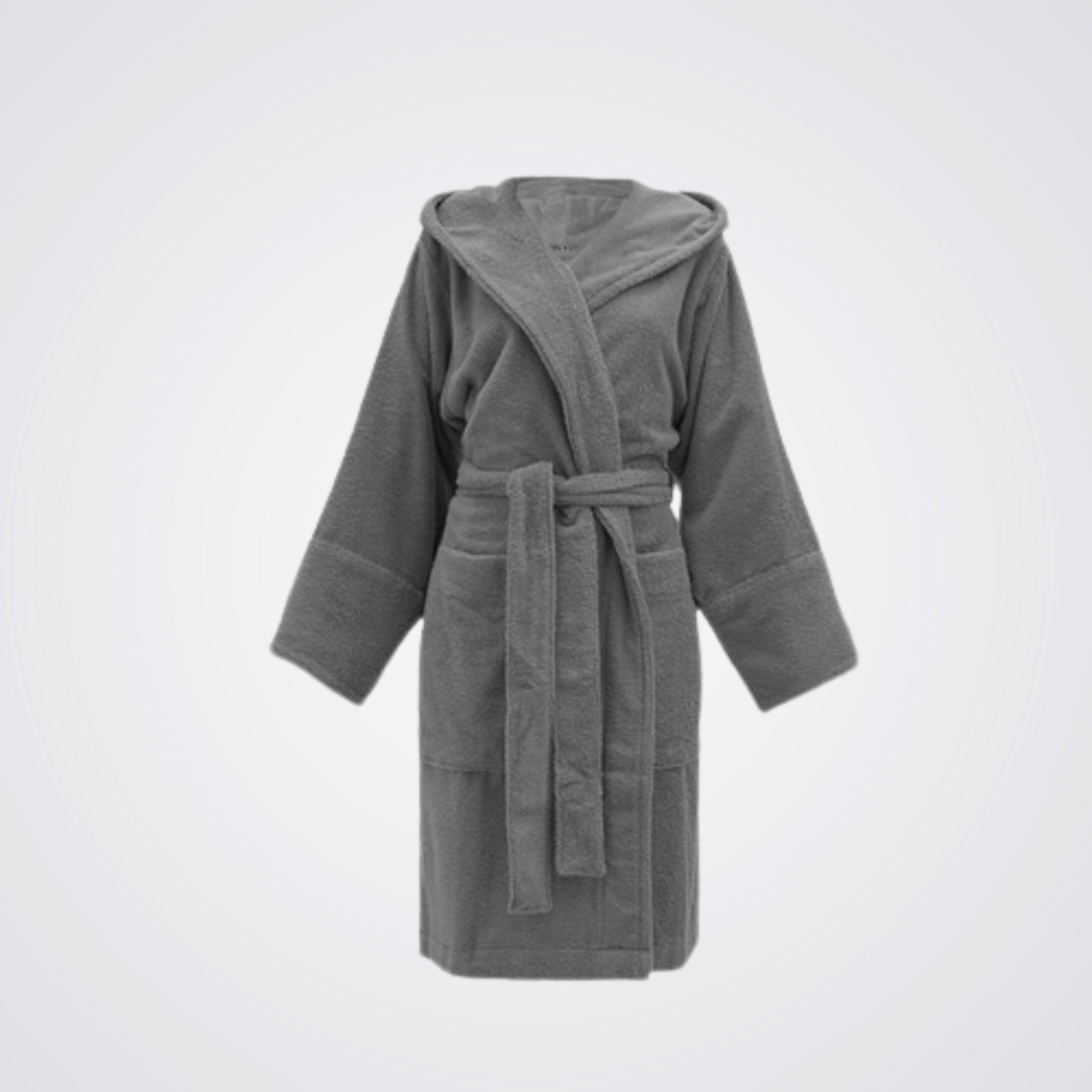Charcoal Coloured hooded robe on a light gray background