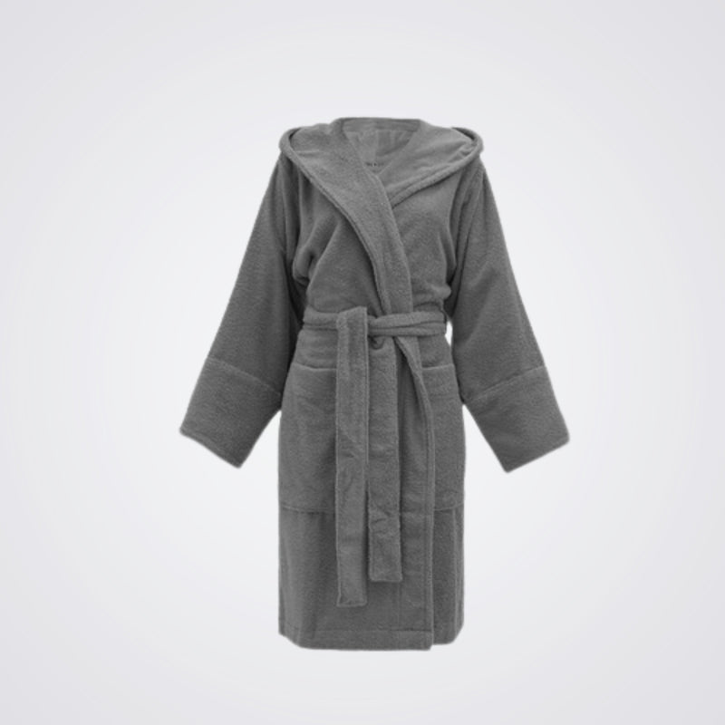 Charcoal Coloured hooded robe on a light gray background