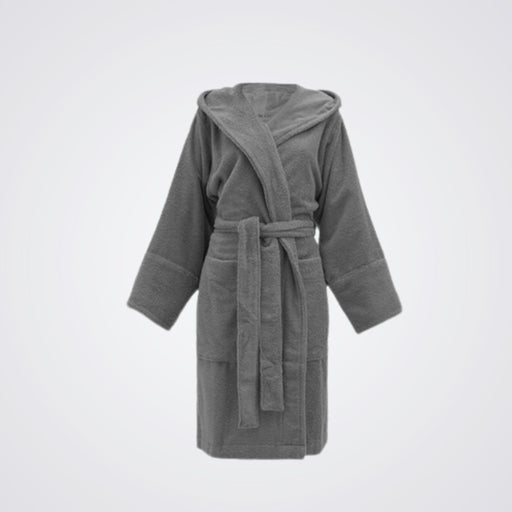 Charcoal Coloured hooded robe on a light gray background