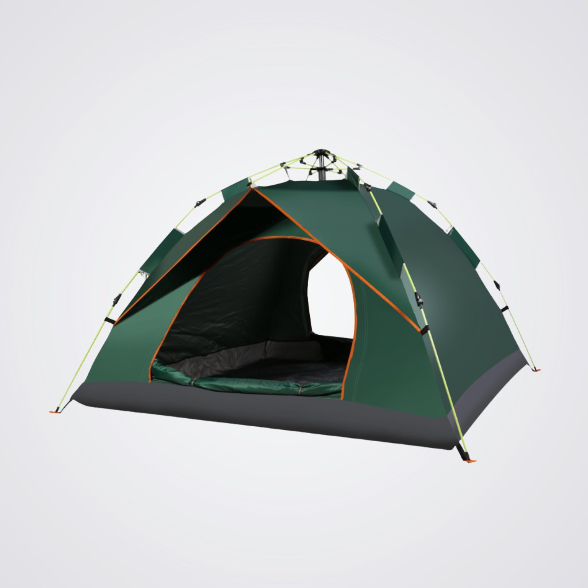 Green camping tent with black floor on a light grey background
