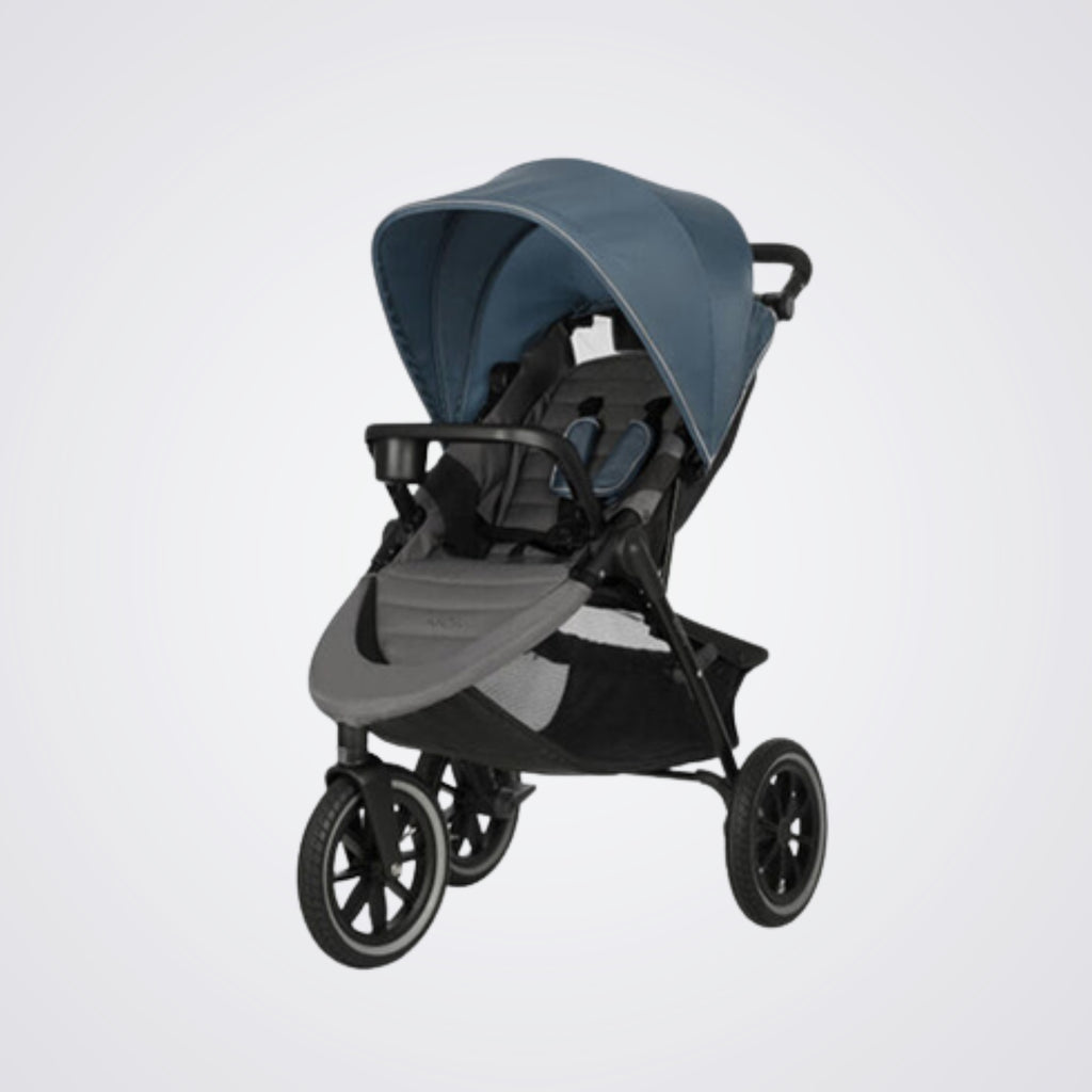 Blue, black and Grey Evenflo stroller on a light grey background