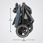 Compact Evenflo stroller folded and unfolded with measurements on a white background