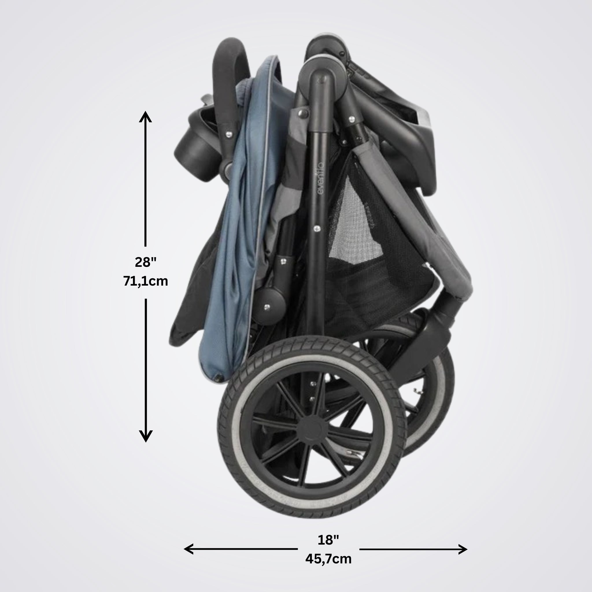 Compact Evenflo stroller folded and unfolded with measurements on a white background