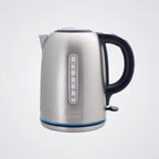 Silver electric kettle with black handle on a light background