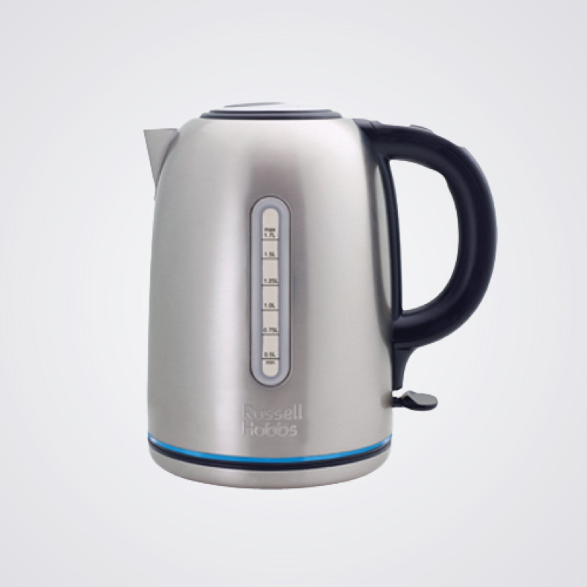 Silver electric kettle with black handle on a light background