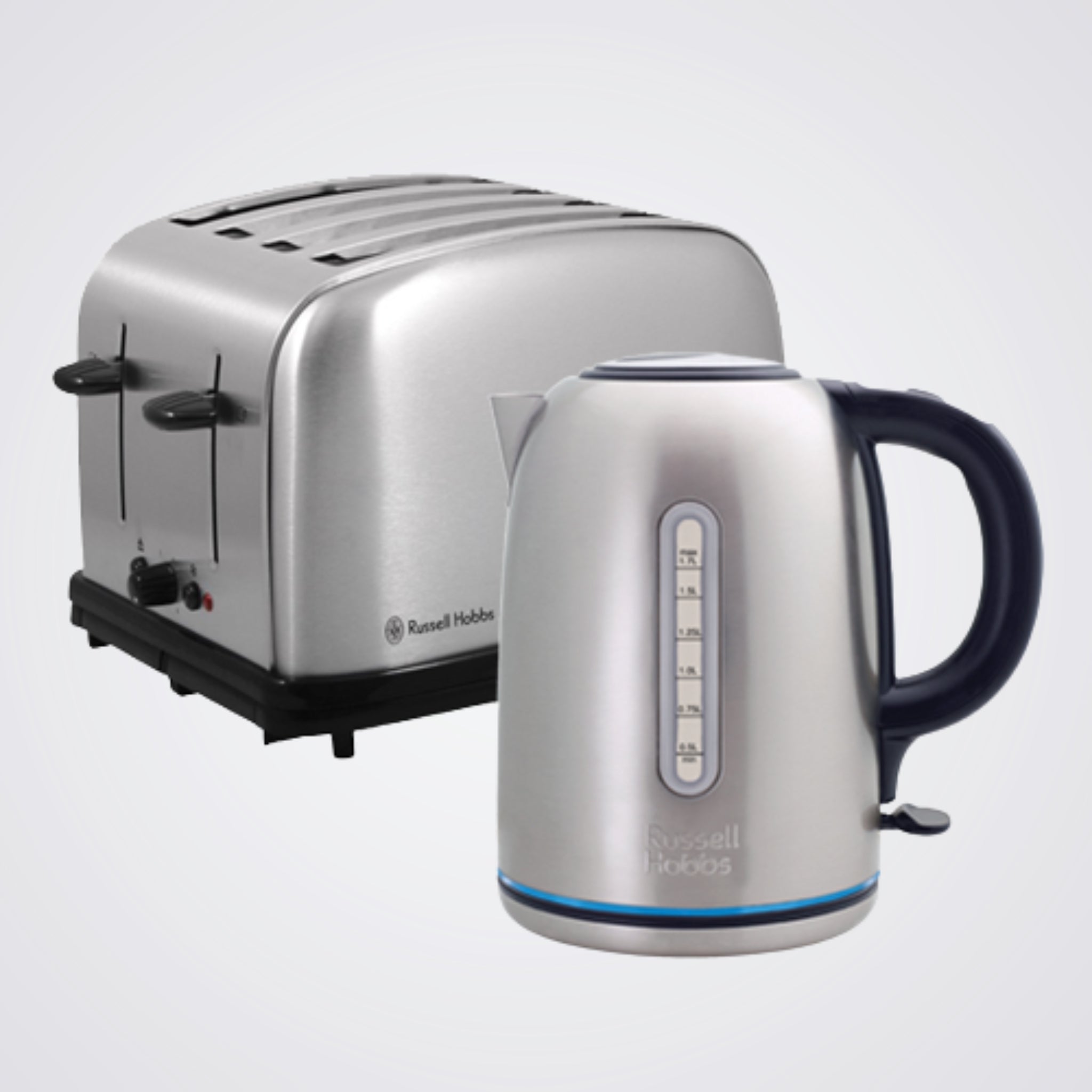 Silver toaster and kettle with black handles on a light grey background