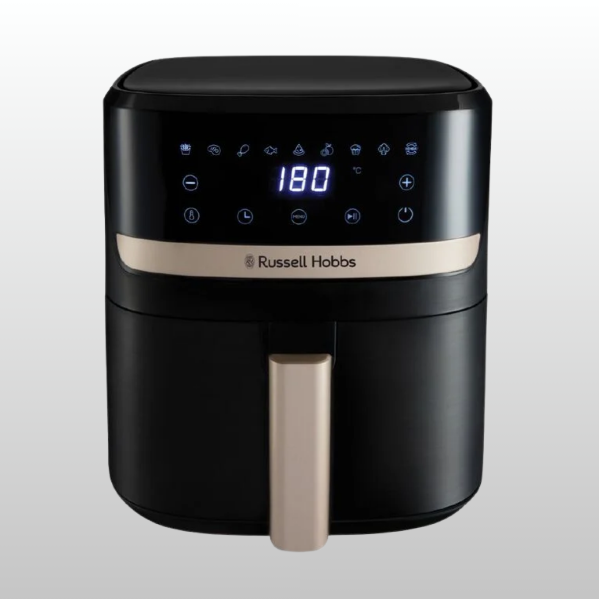 Black Russell Hobbs air fryer on a light gray background