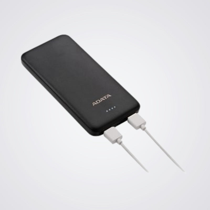 Black power bank with 'Adata' branding on a Light background
