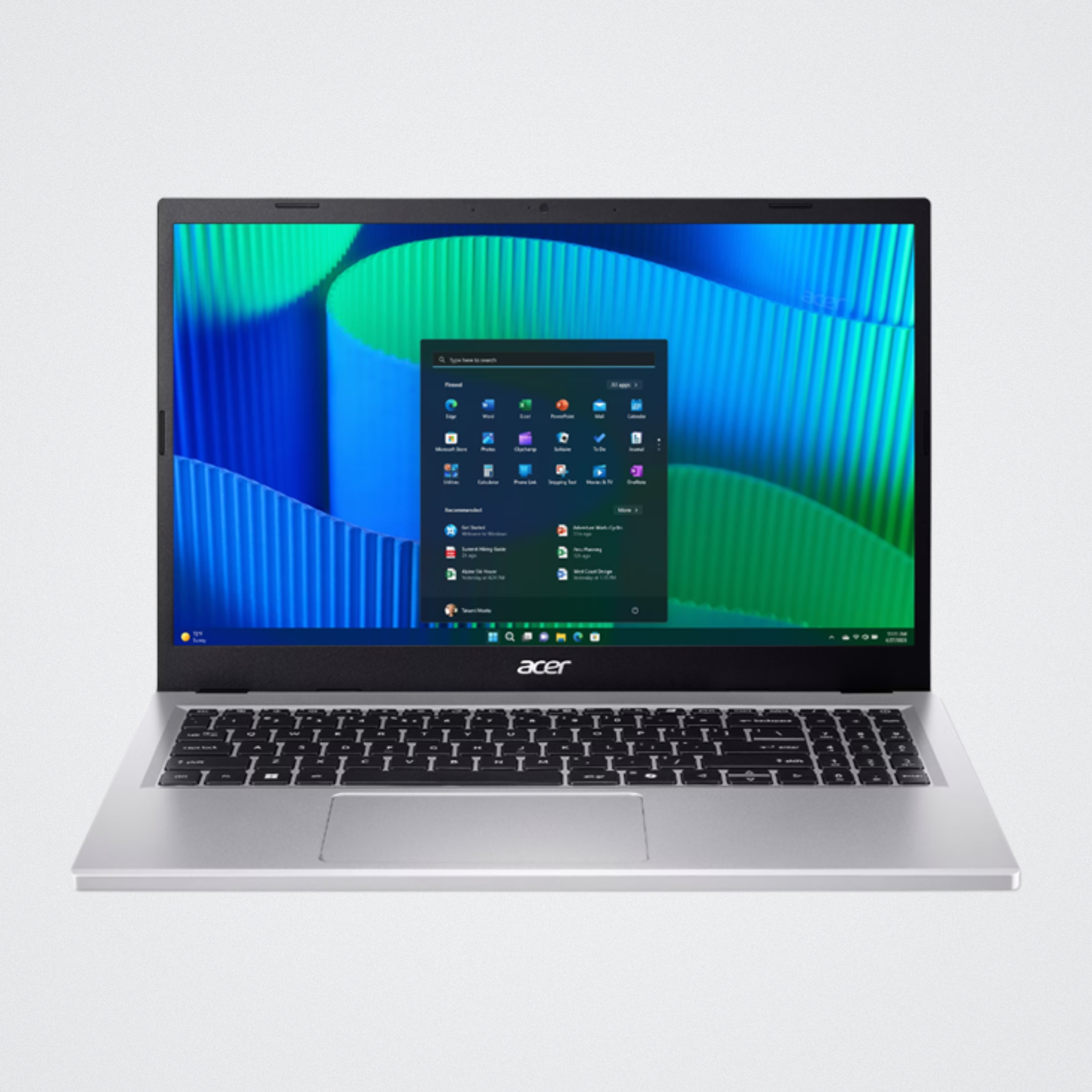 Laptop with open screen displaying colorful desktop on a white background