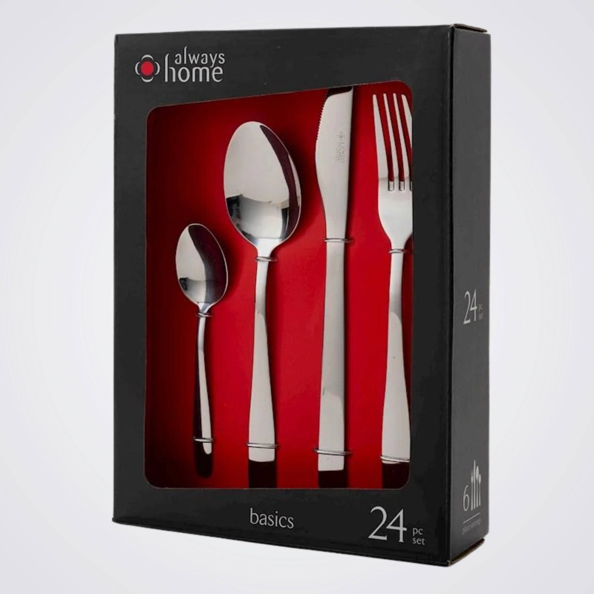 Silver cutlery set in a 'always home' packaging on a Light background