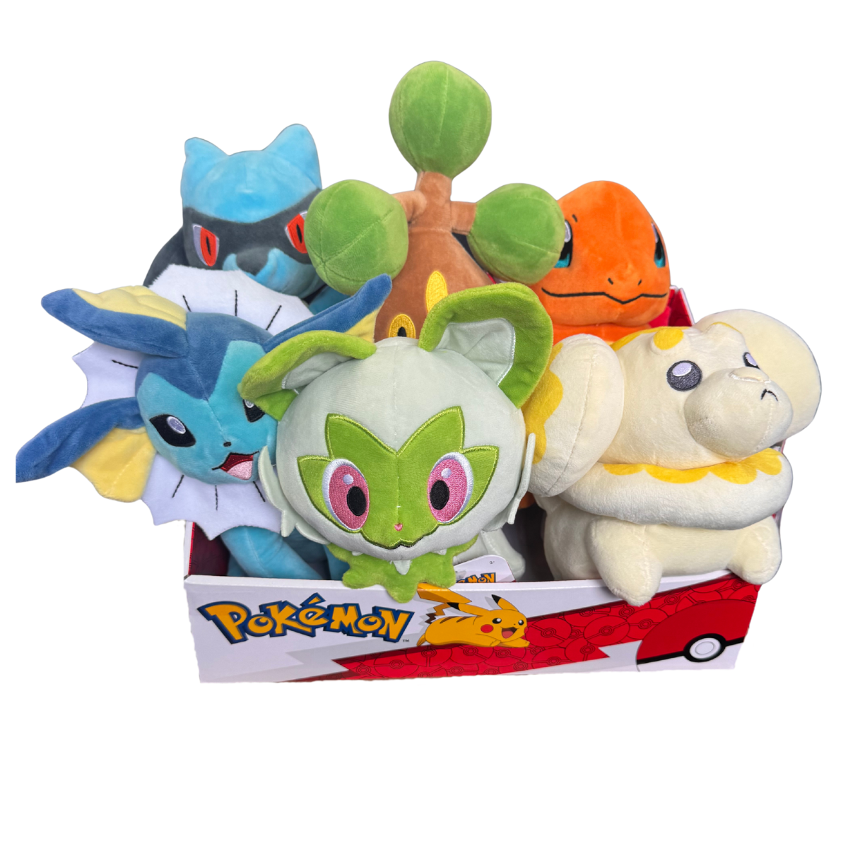 Set of colorful plush toys in a box with 'Pokémon' branding on a white background