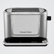 Silver toaster with Russell Hobbs logo on a white background