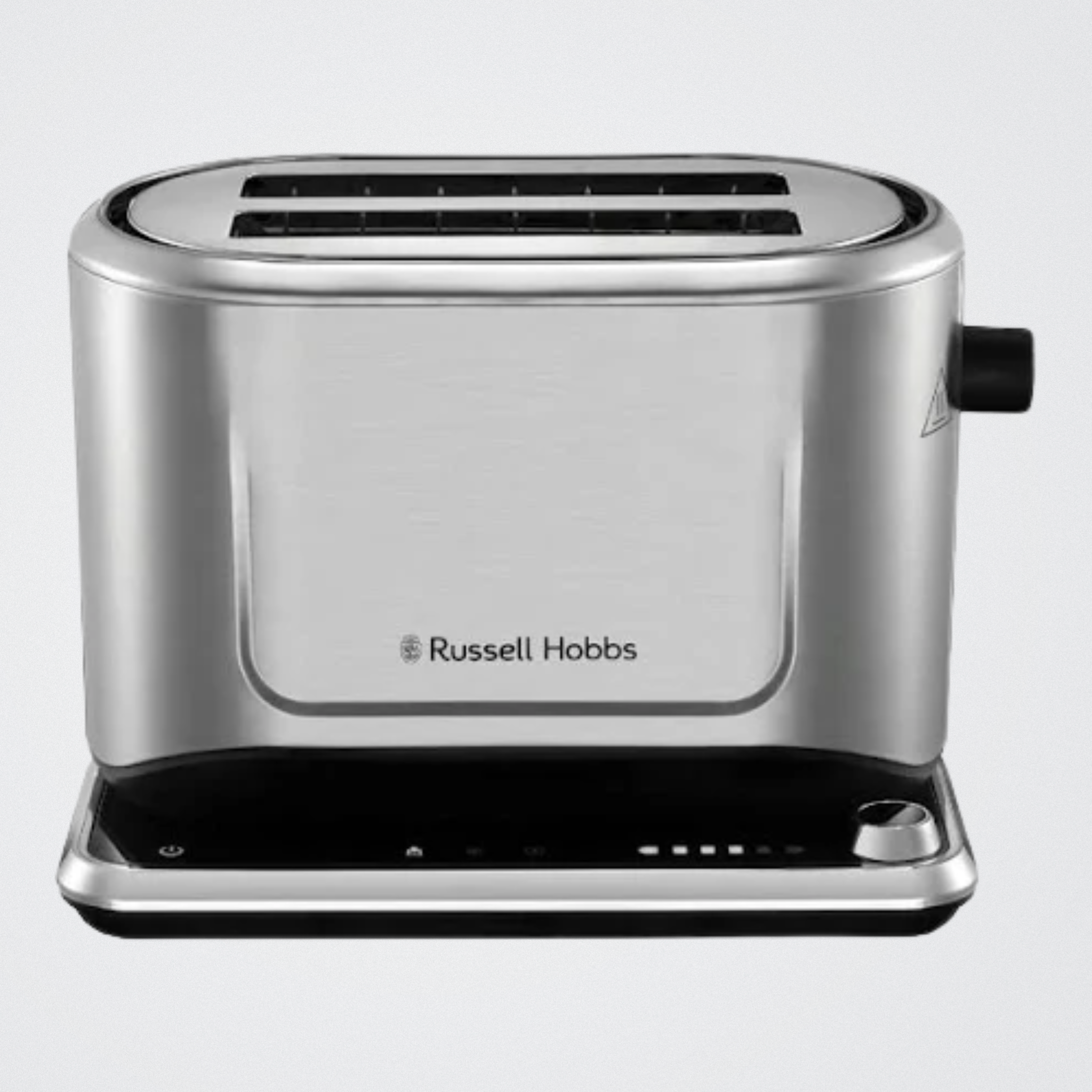 Silver toaster with Russell Hobbs logo on a white background