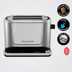 Silver toaster with Russell Hobbs branding on a light gray background