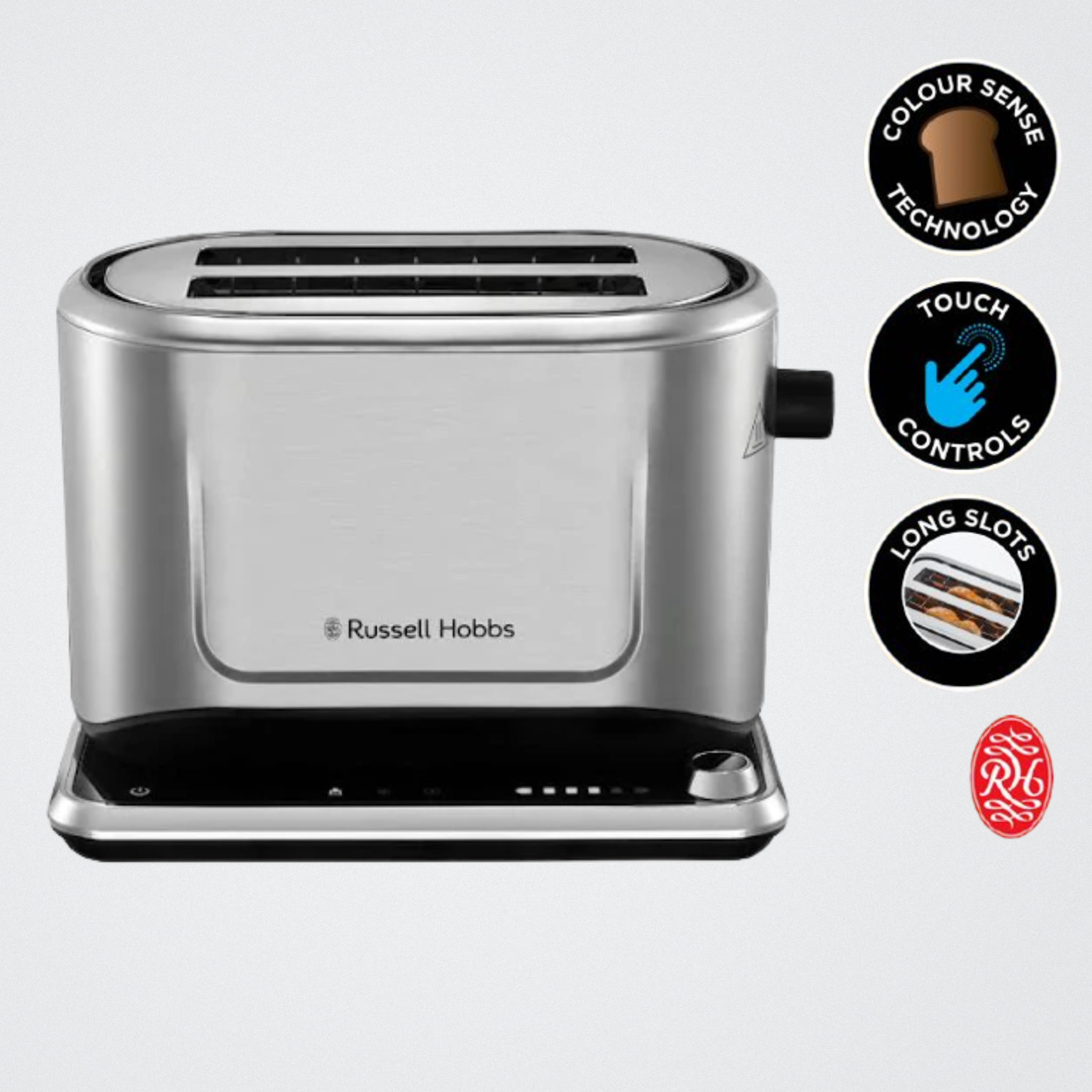 Silver toaster with Russell Hobbs branding on a light gray background