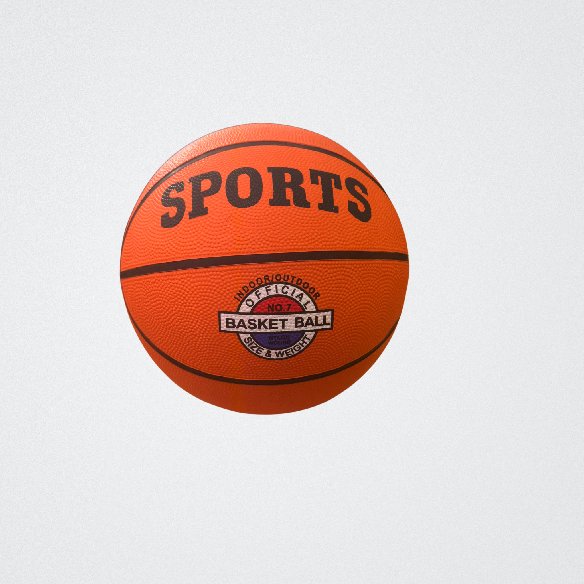 Orange basketball with 'SPORTS' text on a light gray background