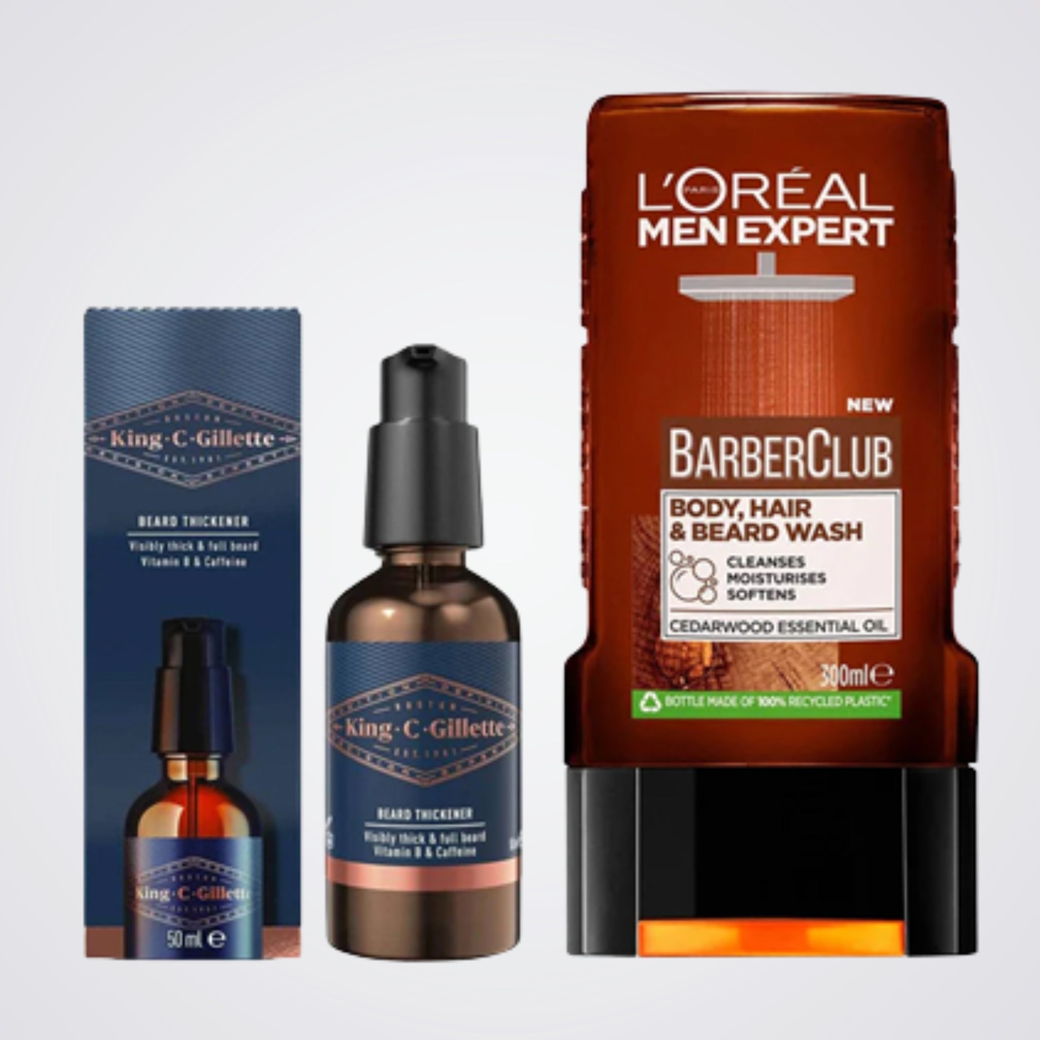 L'Oreal Men Expert Barber Club body, hair, and beard wash with King C. Gillette products on a light gray background
