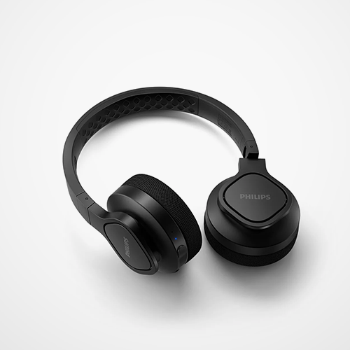 Black Philips headphones on a Light  background