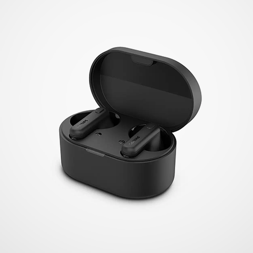 Black wireless earbuds in an open charging case on a light grey background