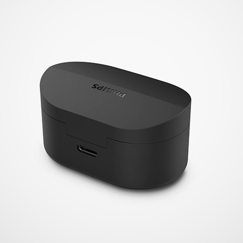 Black wireless earbud case with 'Phillips' branding on a light grey background