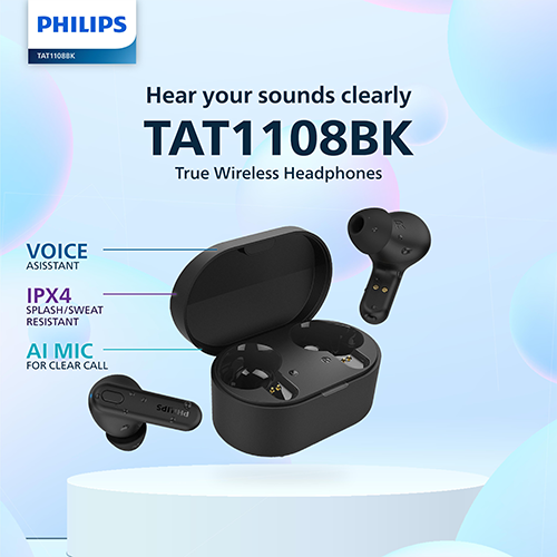 Philips TAT1108BK true wireless headphones with charging case on a light blue background