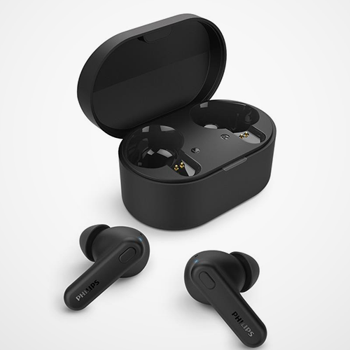 Black wireless earbuds with charging case on a Light background