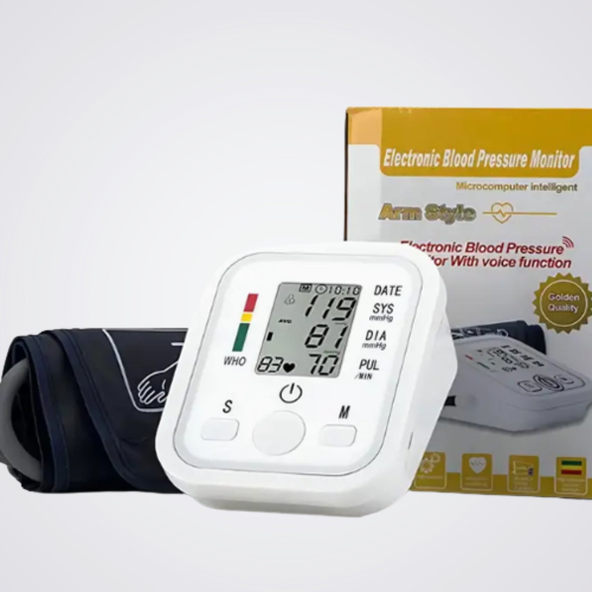 Electronic blood pressure monitor with digital display and packaging on a white background