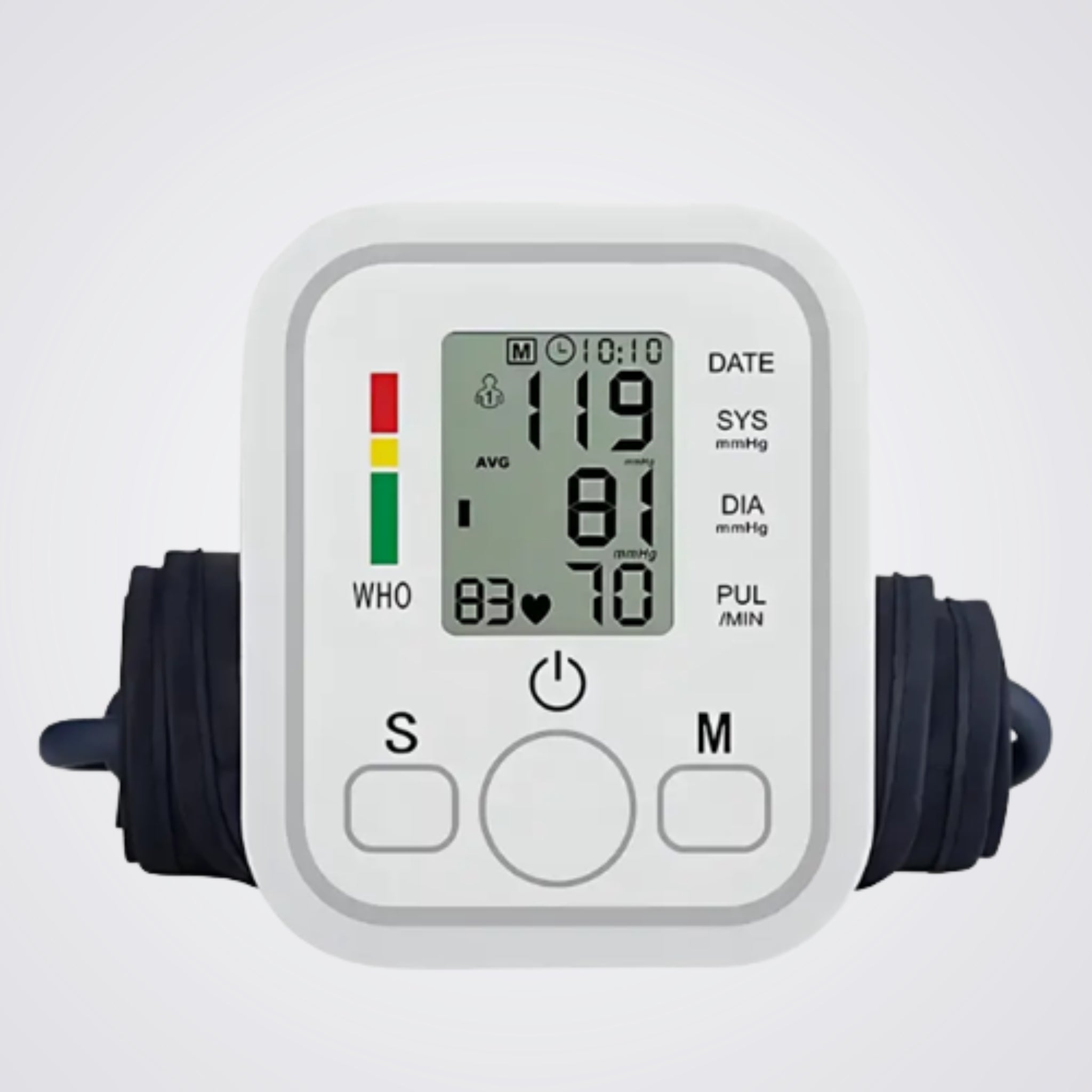Digital blood pressure monitor on a light background