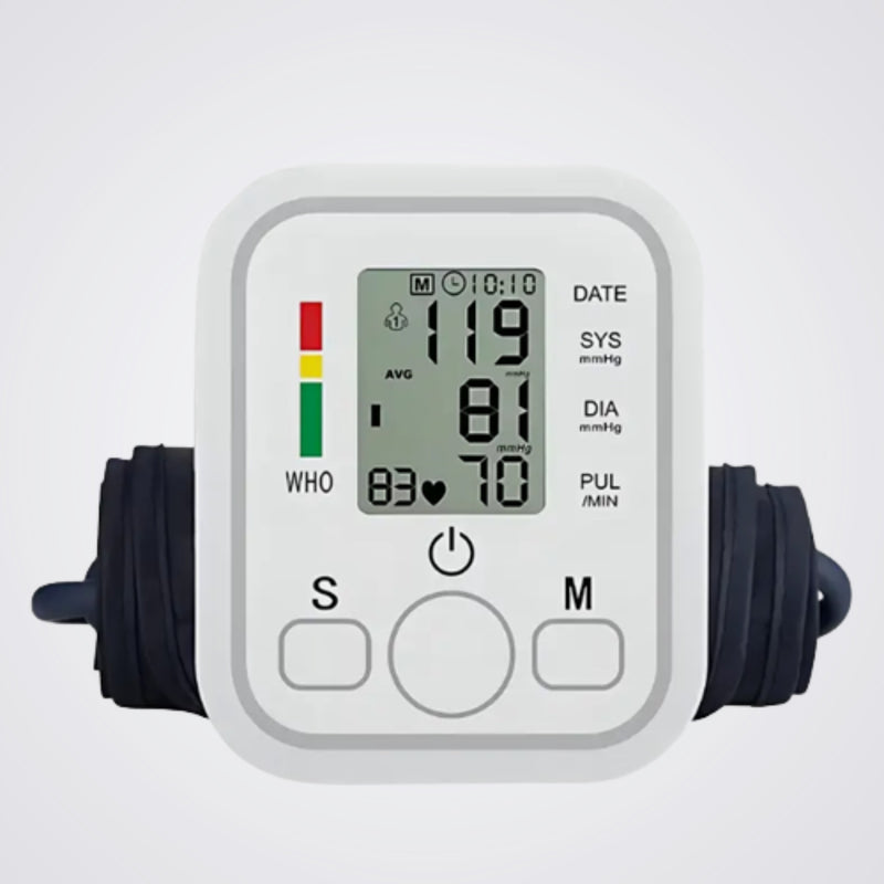 Digital blood pressure monitor on a light background