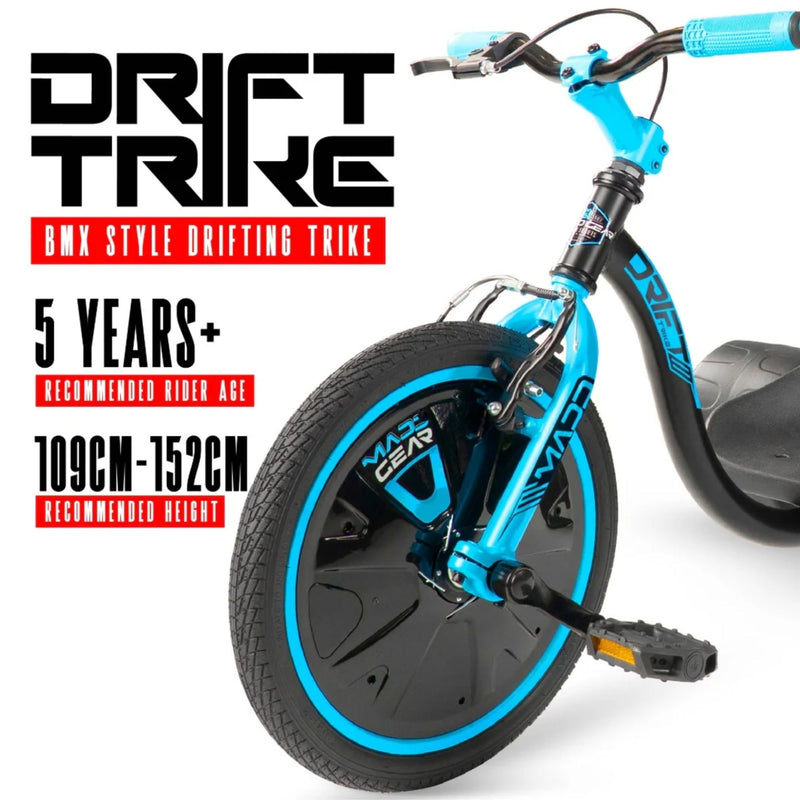 Madd Gear Drift Trike, recommended for ages 5+ and rider heights of 109–152 cm