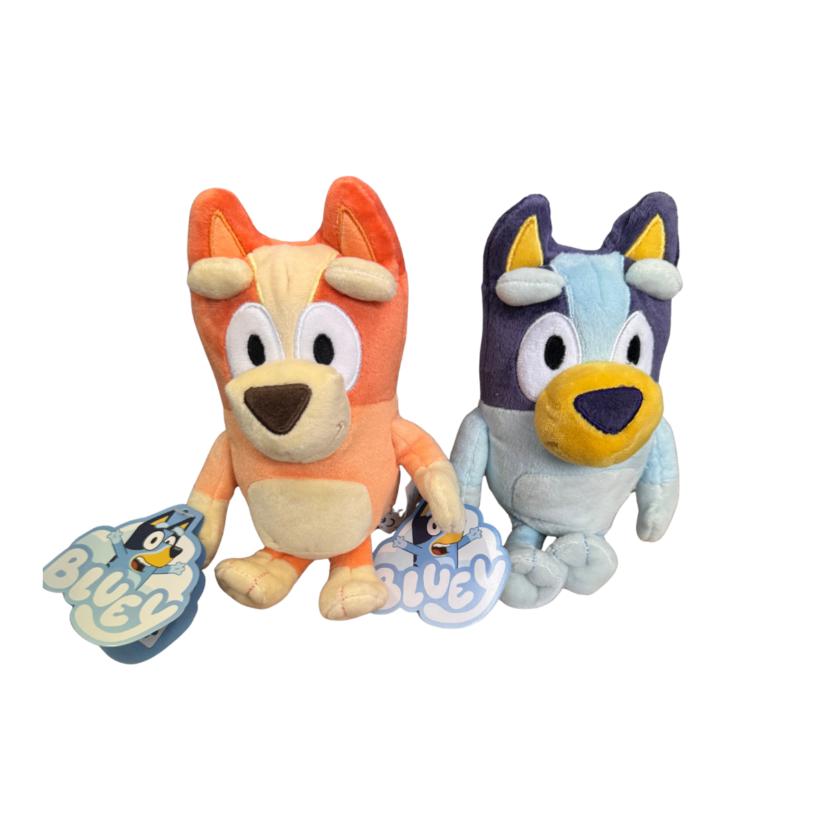 Two plush toys with 'Bluey' branding on a white background
