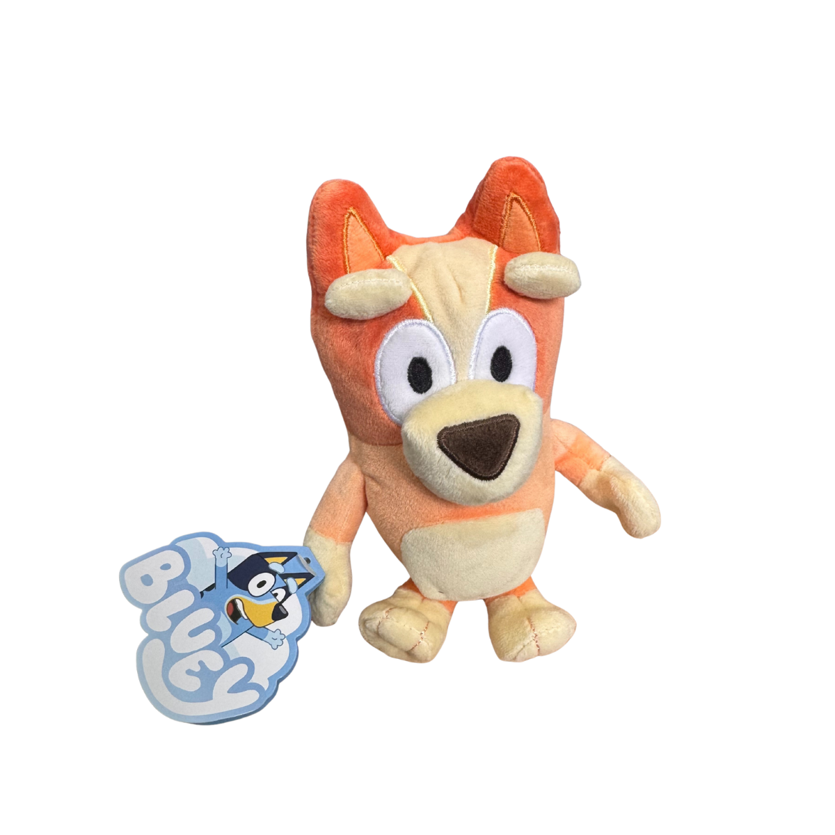 Plush toy with a tag on a white background