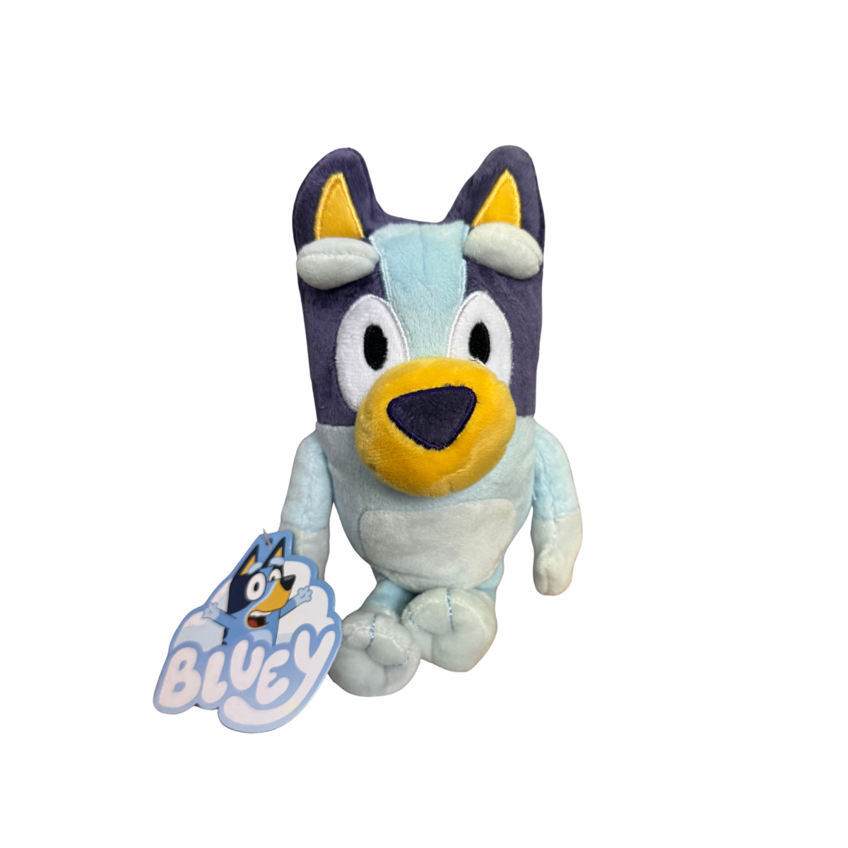 Plush toy with a blue and yellow face on a white background