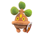 Plush toy Bonsly with a brown body, green leaves, and a tag on a white background