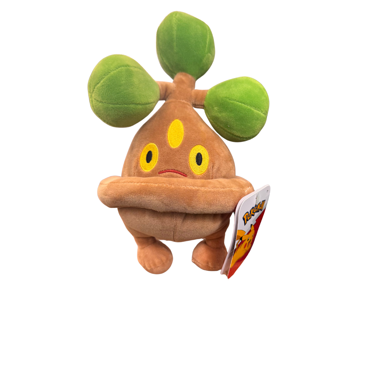 Plush toy Bonsly with a brown body, green leaves, and a tag on a white background