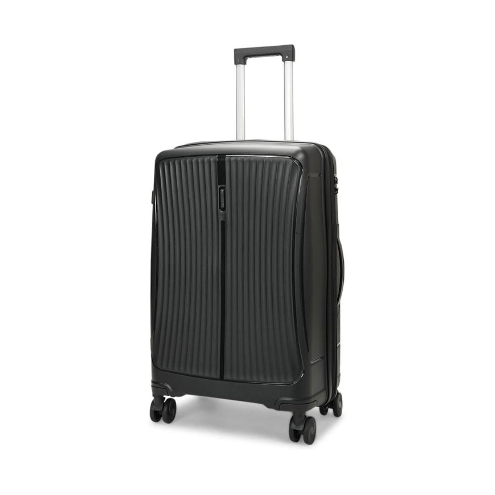 Black suitcase with wheels and handle on a white background