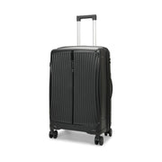 Black suitcase with wheels and handle on a white background