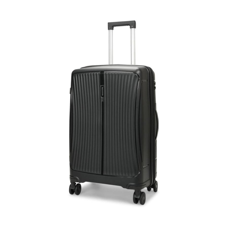 Black suitcase with wheels and handle on a white background