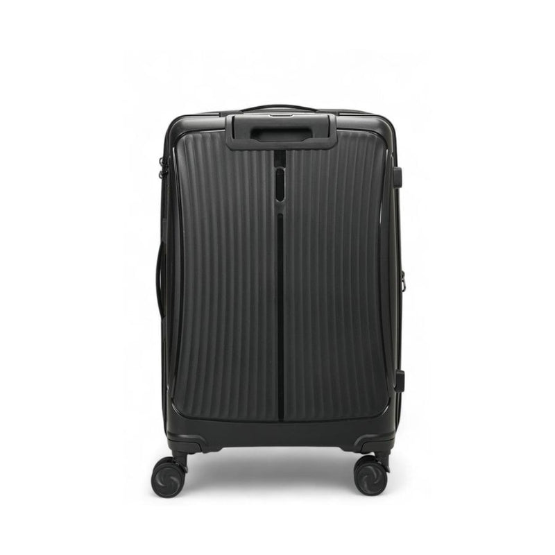 Black suitcase with wheels on a white background