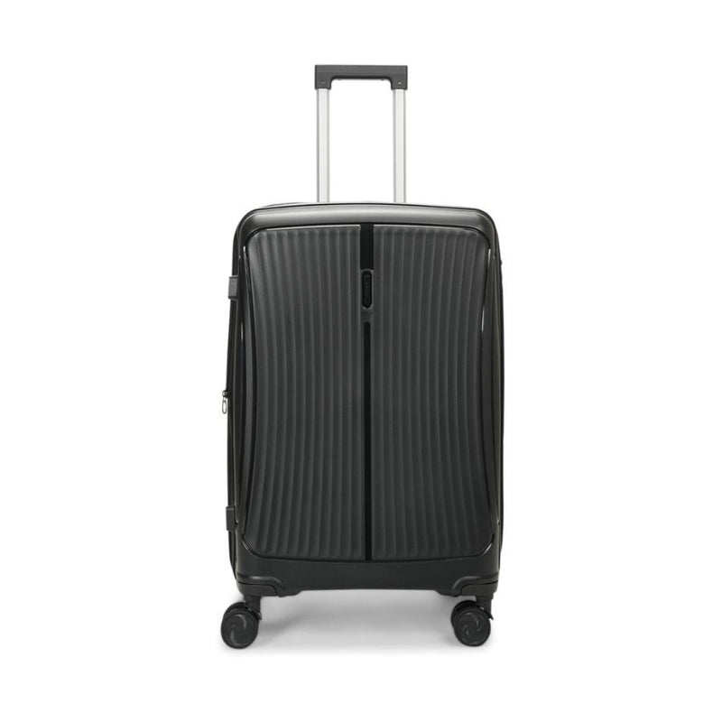 Black suitcase with wheels on a white background