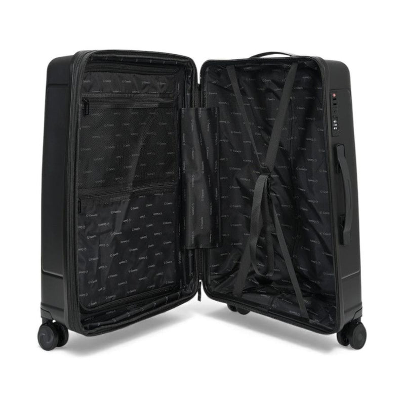 Black suitcase with open lid on a white background